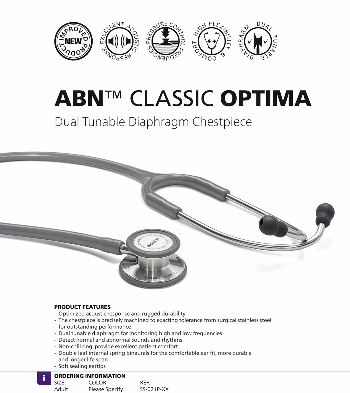 ABN Classic Optima Adult Stethoscope – Grey
