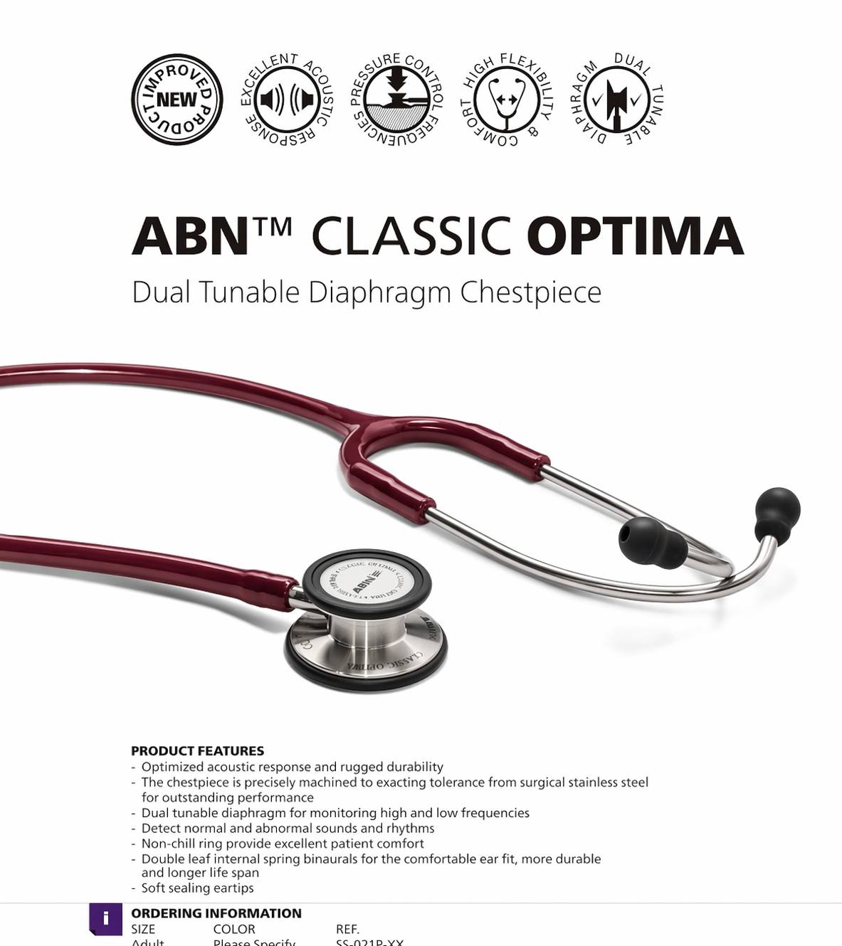 ABN Classic Optima Adult Stethoscope – Burgundy